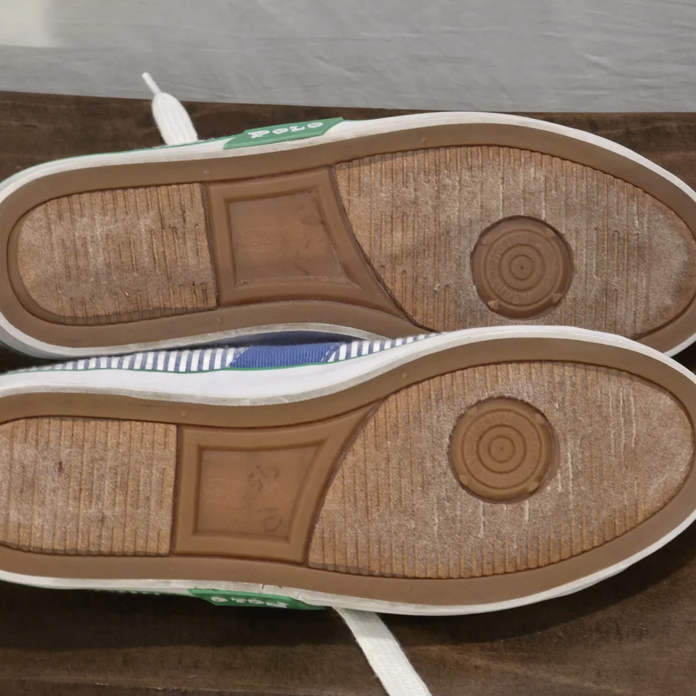 Polo Ralph Lauren Seersucker Sneakers Blue White Stripe Green Pony Size 9B Prep - Picture 10 of 10